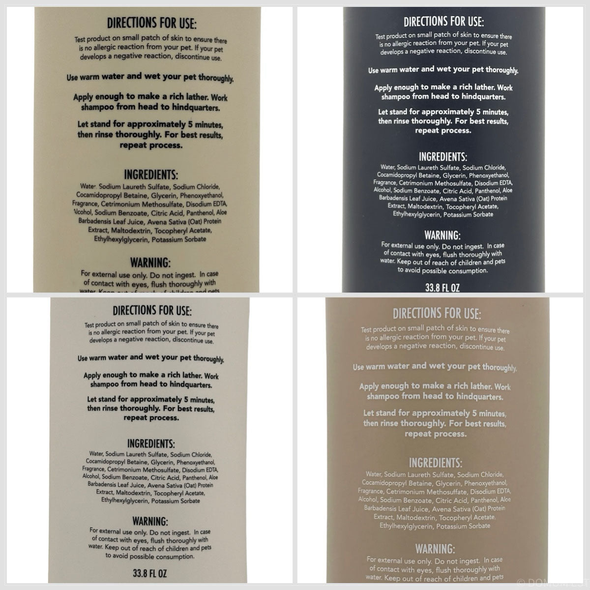Set of pet shampoo packaging with directions, ingredients, and warnings.