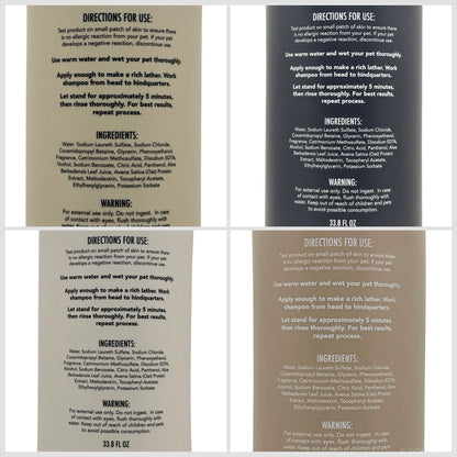 Set of pet shampoo packaging with directions, ingredients, and warnings.