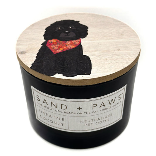 Pineapple Coconut candle with a dog illustration on the lid and 'Sand + Paws' label.