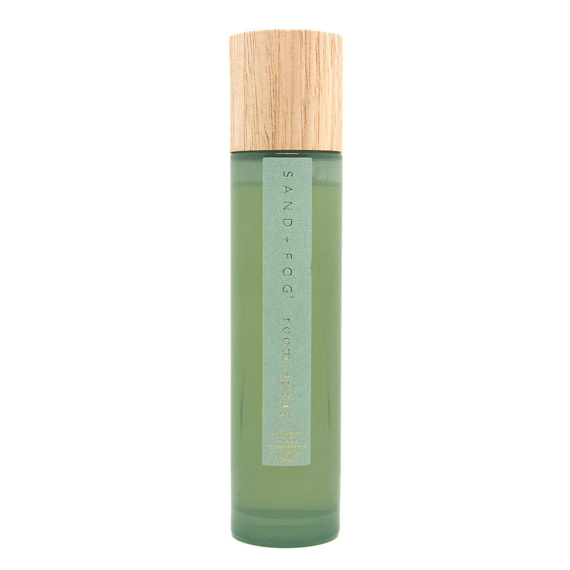 SAND + FOG Pistachio Dream room spray green bottle with wooden cap on a white background