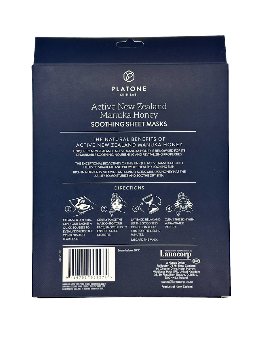 PLATONE Soothing Sheet Masks - Active New Zealand Manuka Honey (Pack of 5)