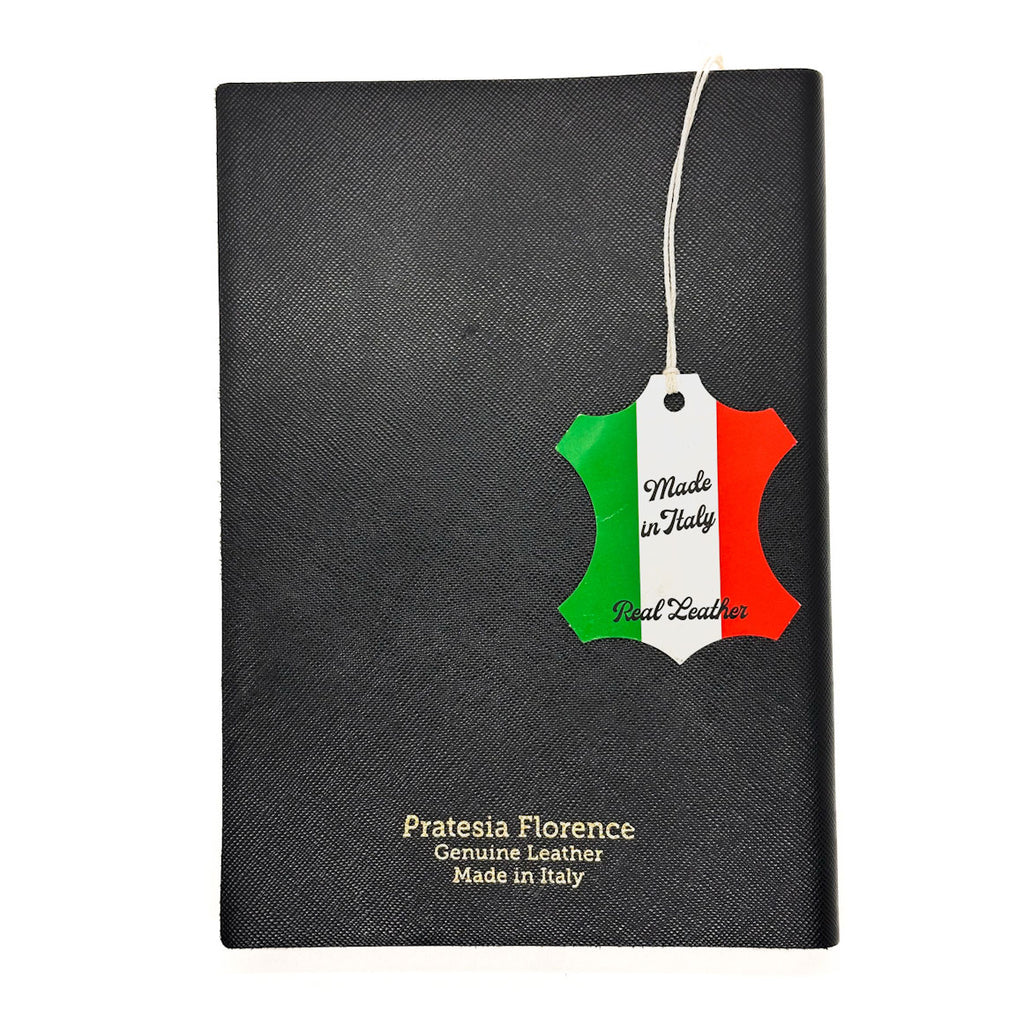 Black leather product with 'Made in Italy' tag on a white background