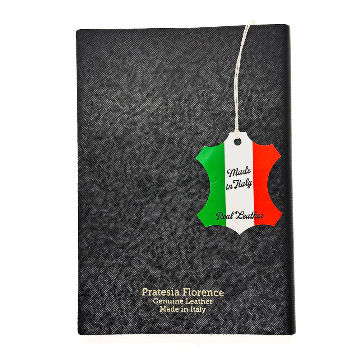 Black leather product with 'Made in Italy' tag on a white background
