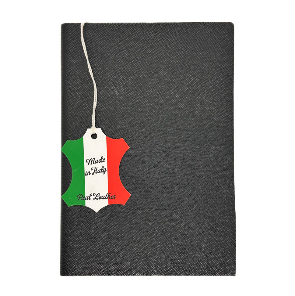 Black leather notebook with a 'Made in Italy' tag featuring Italian flag colors.