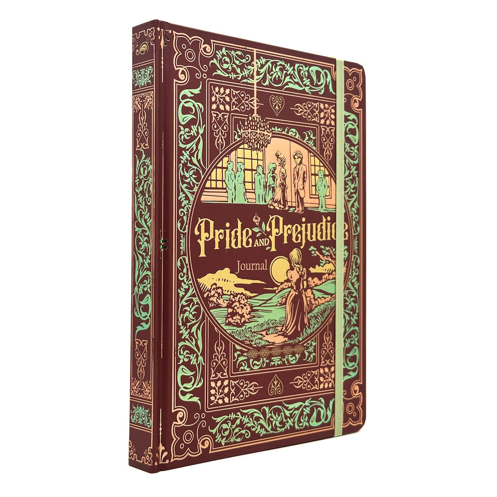 A hardcover journal featuring an ornate vintage-style cover design titled 'Pride and Prejudice Journal' in gold lettering, set against a dark reddish-brown background with intricate green and gold filigree patterns.