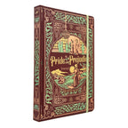 A hardcover journal featuring an ornate vintage-style cover design titled 'Pride and Prejudice Journal' in gold lettering, set against a dark reddish-brown background with intricate green and gold filigree patterns.