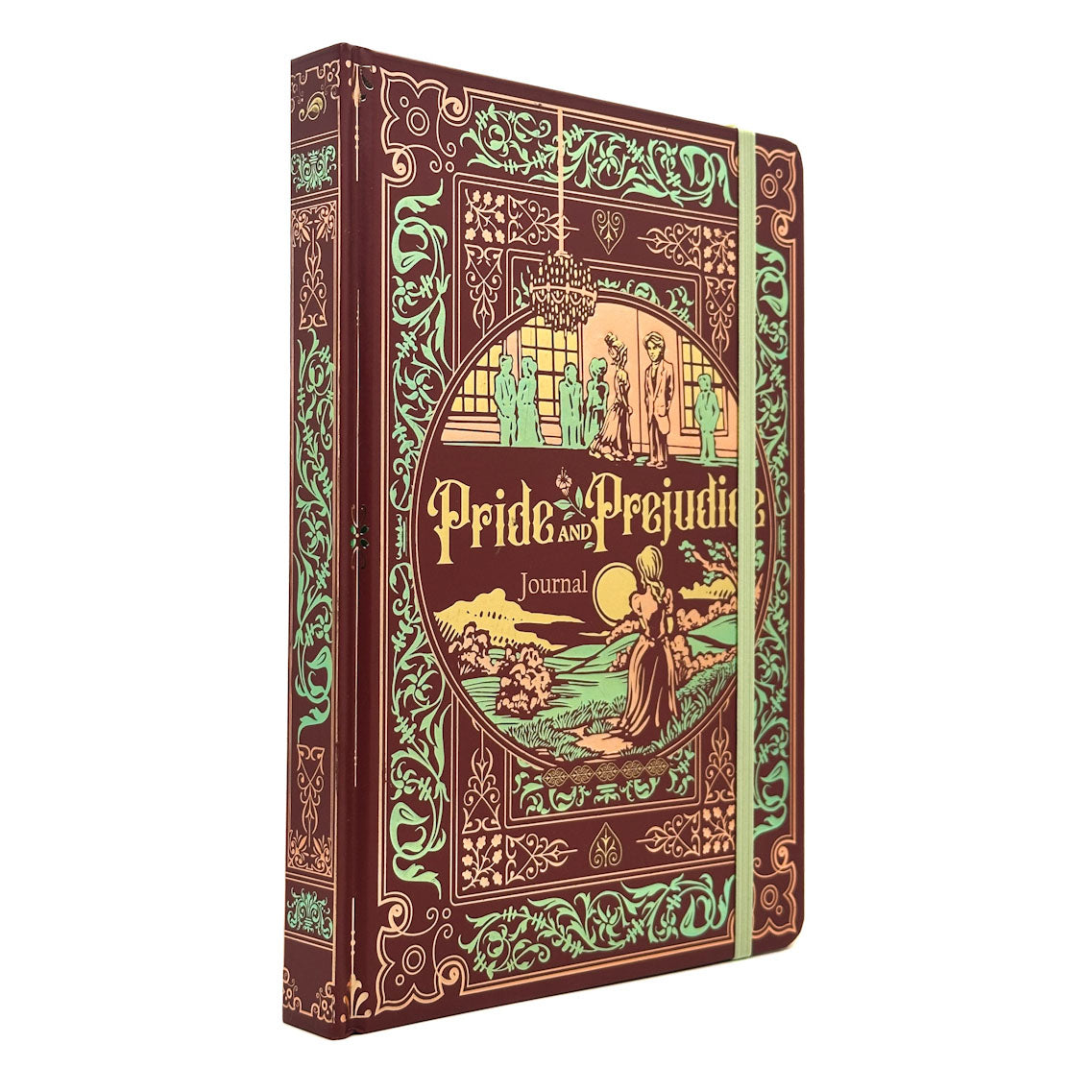 A hardcover journal featuring an ornate vintage-style cover design titled 'Pride and Prejudice Journal' in gold lettering, set against a dark reddish-brown background with intricate green and gold filigree patterns.