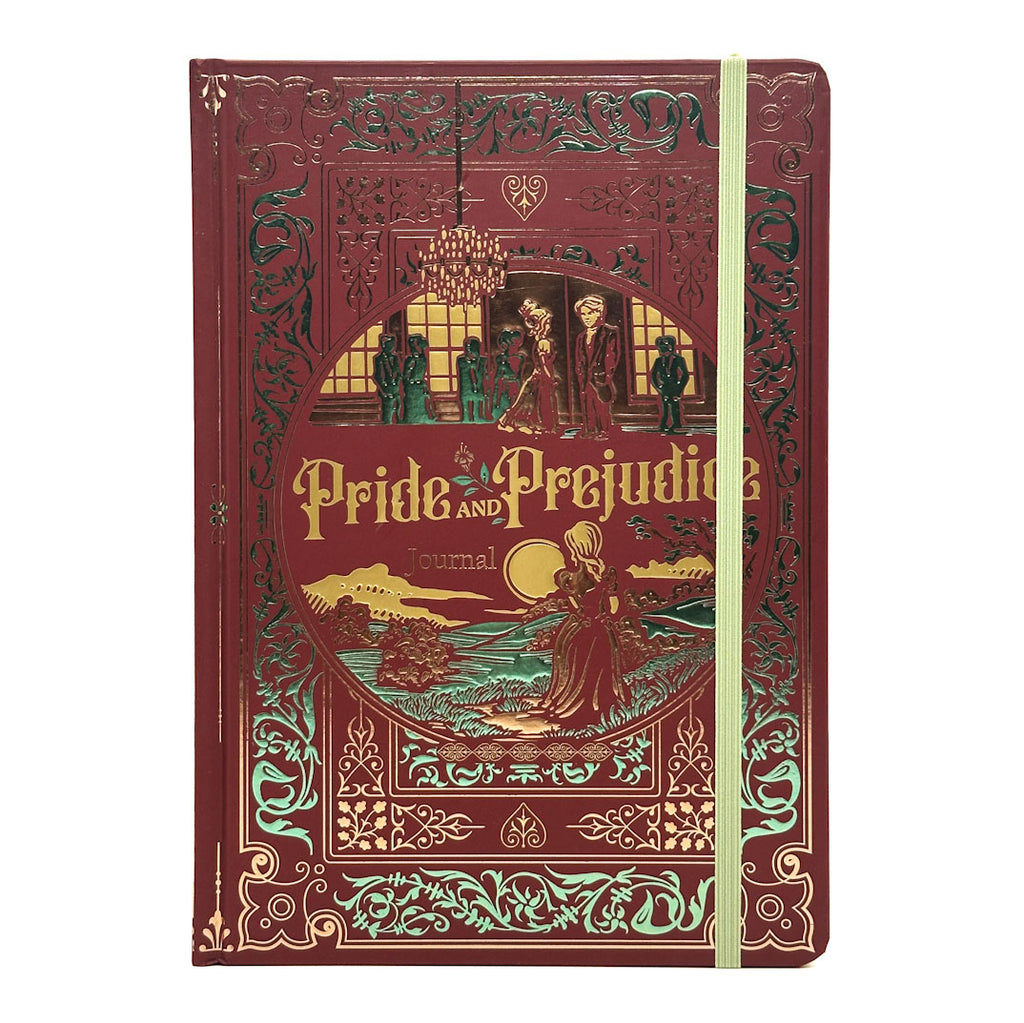 A hardcover journal featuring an ornate embossed cover design inspired by 'Pride and Prejudice'. The cover is a deep burgundy red with gold and teal-green decorative borders and lettering.