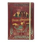 A hardcover journal featuring an ornate embossed cover design inspired by 'Pride and Prejudice'. The cover is a deep burgundy red with gold and teal-green decorative borders and lettering.