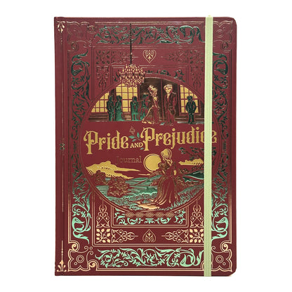 A hardcover journal featuring an ornate embossed cover design inspired by 'Pride and Prejudice'. The cover is a deep burgundy red with gold and teal-green decorative borders and lettering.