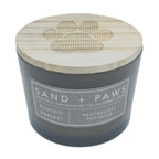 Pumpkin Harvest Candle with wooden lid featuring paw prints and 'Sand + Paws' branding on a white background.