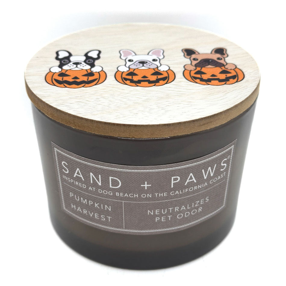 Pumpkin Harvest candle with 'Sand + Paws' label and Halloween-themed lid featuring dogs in pumpkins on a white background.