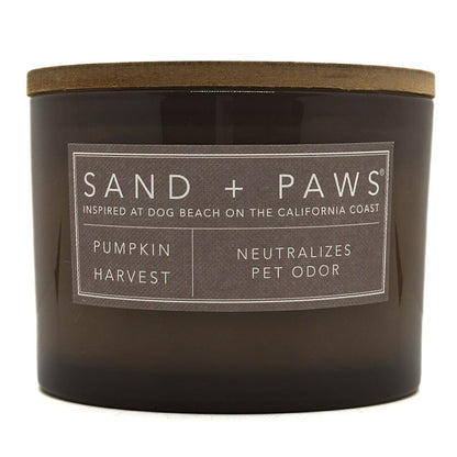 Pumpkin Harvest candle with 'Sand + Paws' label on a white background