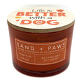 Pumpkin Spice Candle with 'Sand + Paws' branding and 'Life is Better with a Dog' lid on a white background