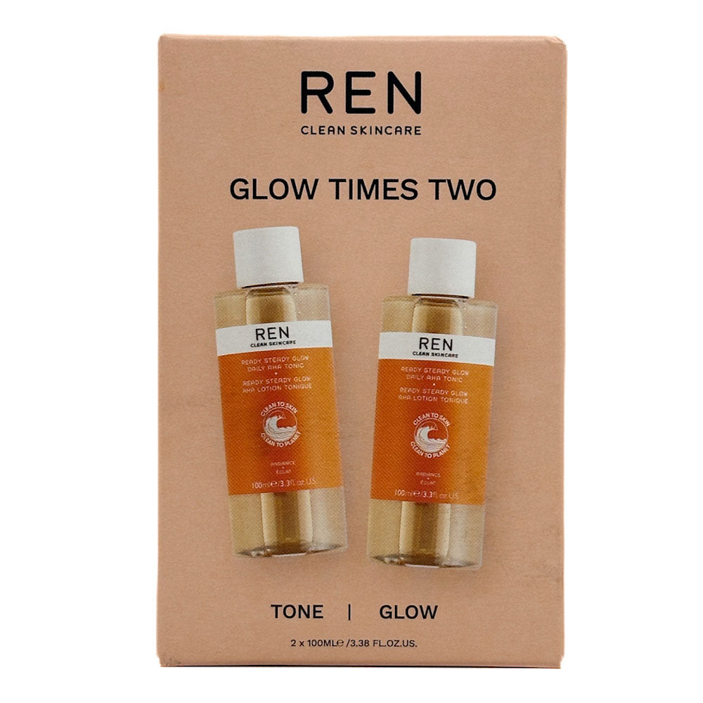 REN Clean Skincare 'Glow Times Two' product with two bottles on a beige background.