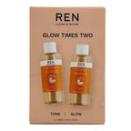 REN Clean Skincare 'Glow Times Two' product with two bottles on a beige background.