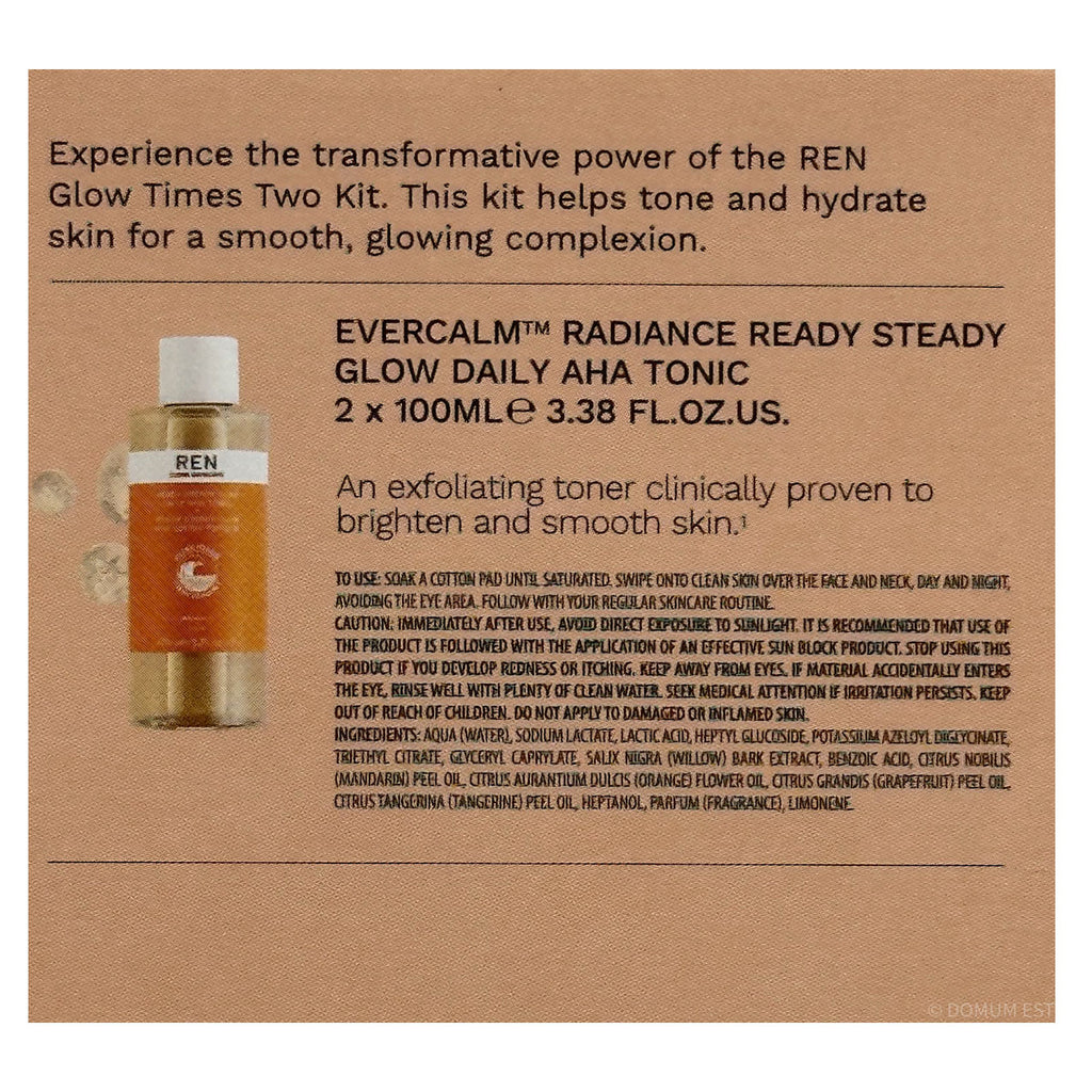 Product packaging for REN Glow Times Two Kit with toner bottle illustration and text on a brown background.