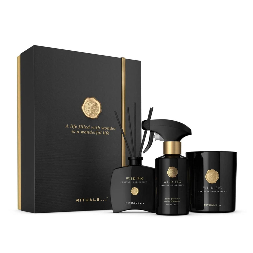 Rituals Wild Fig home fragrance set with black packaging and gold accents on a white background