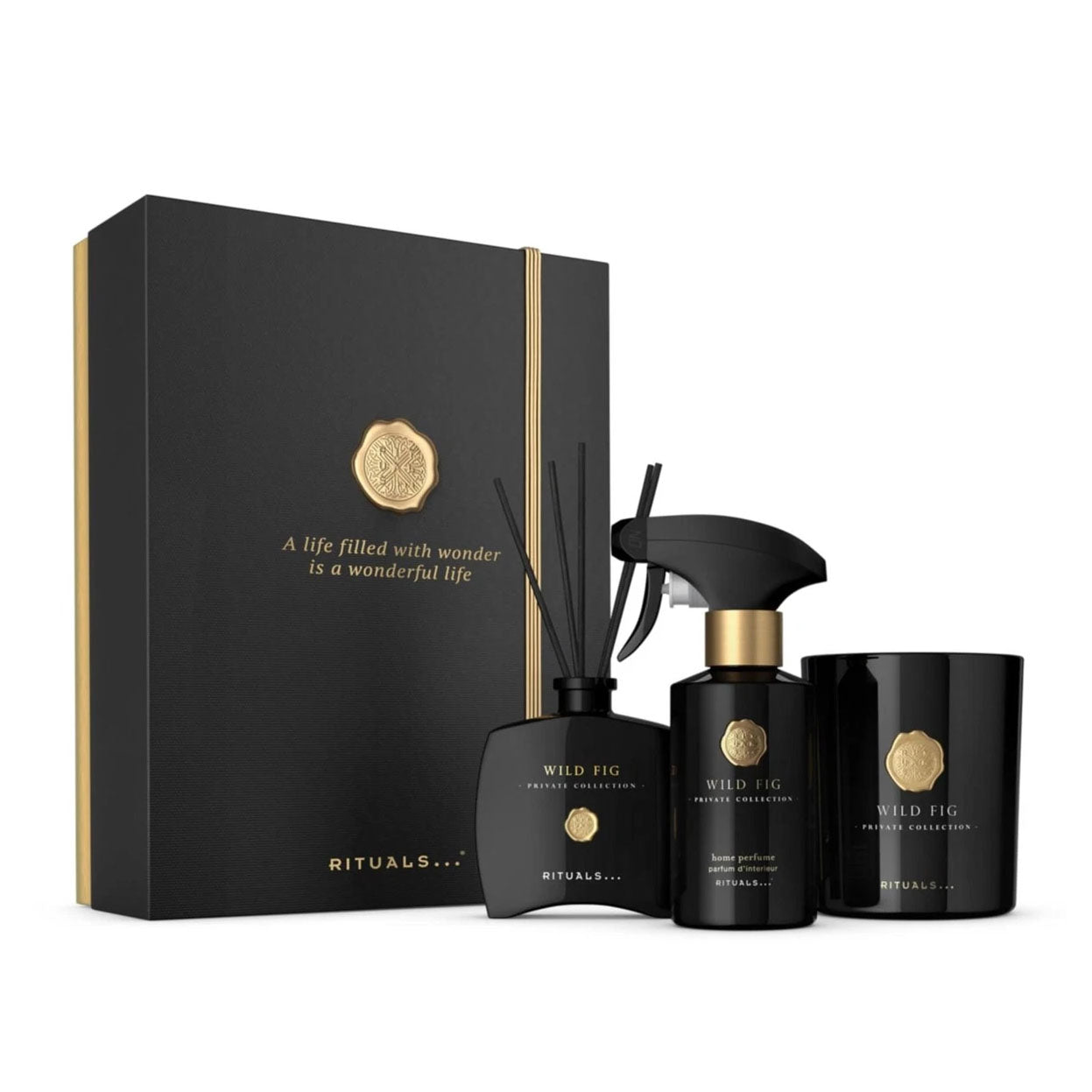 Rituals Wild Fig home fragrance set with black packaging and gold accents on a white background