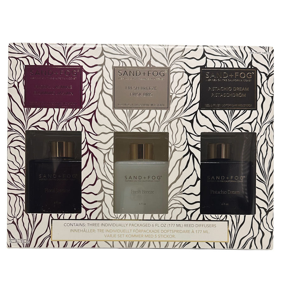 Set of 3 Sand + Fog diffusers in packaging with a decorative pattern