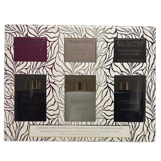 Set of 3 Sand + Fog diffusers in packaging with a decorative pattern