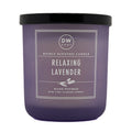 Purple candle with a black lid labeled 'DW Home Relaxing Lavender' on a white background