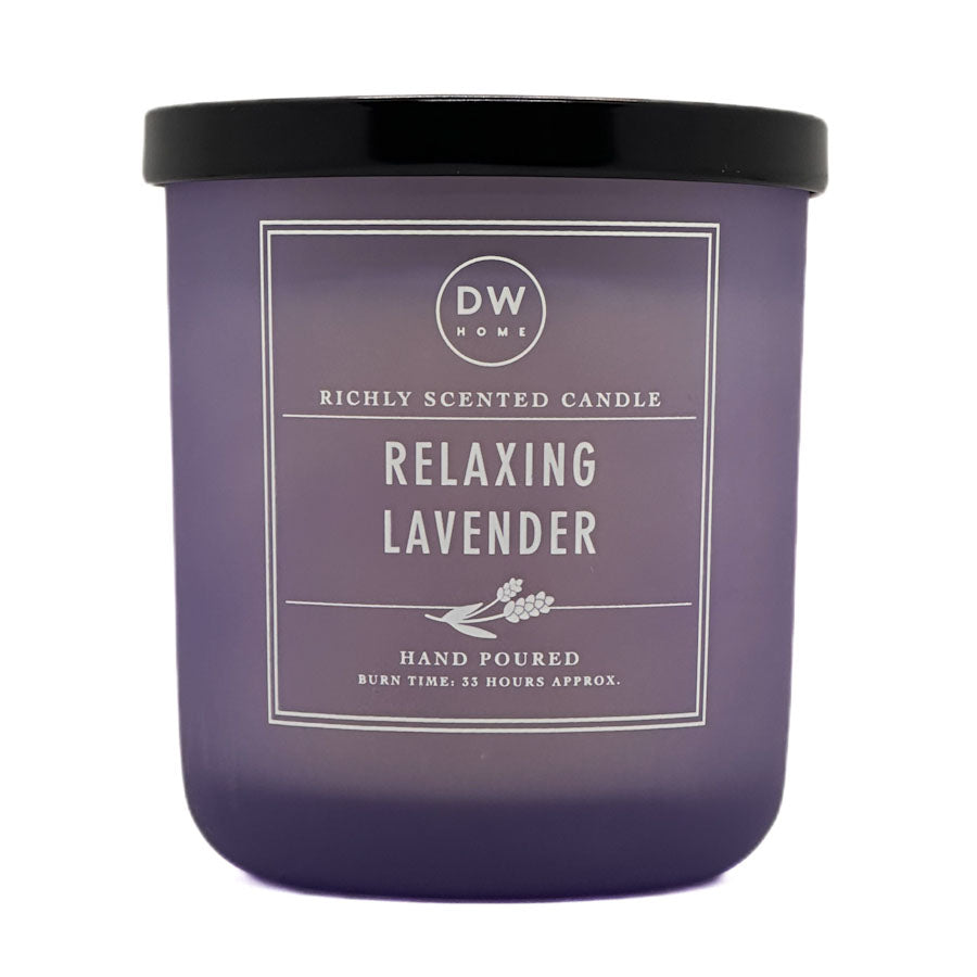 Purple candle with a black lid labeled 'DW Home Relaxing Lavender' on a white background