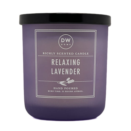 Purple candle with a black lid labeled 'DW Home Relaxing Lavender' on a white background