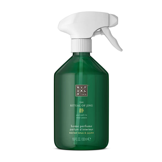 The Ritual of Jing Home Perfume - Green spray bottle with white nozzle on a white background