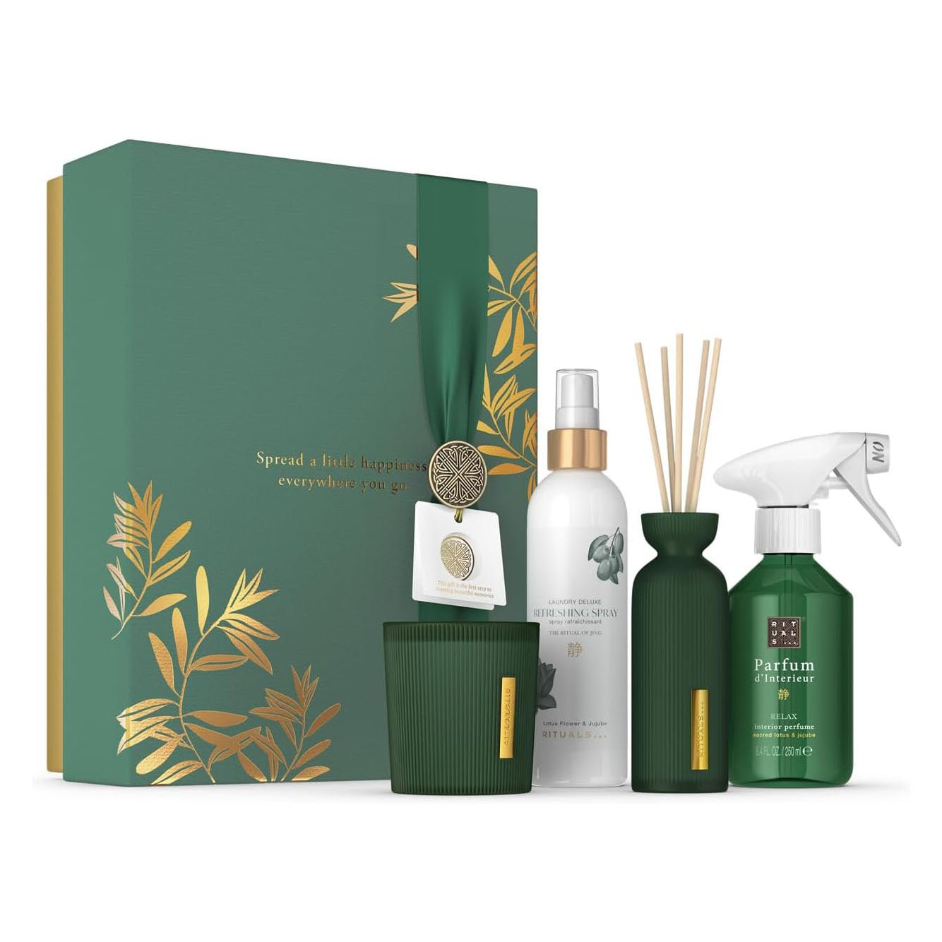 RITUALS - The Ritual of Jing Home Fragrance Essentials Gift Box set of green and white home fragrance products with decorative box on a white background