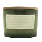 Roses & Sandalwood Green candle with a wooden lid and label on a white background