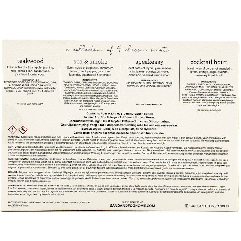 Product label with scents and branding information on a white background