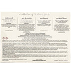 Product label with scents and branding information on a white background