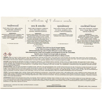 Product label with scents and branding information on a white background