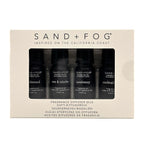 Set of Sand + Fog fragrance diffuser oils in packaging on a white background