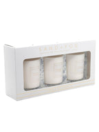 Three candles in a 'Sand & Fog' packaging box on a white background