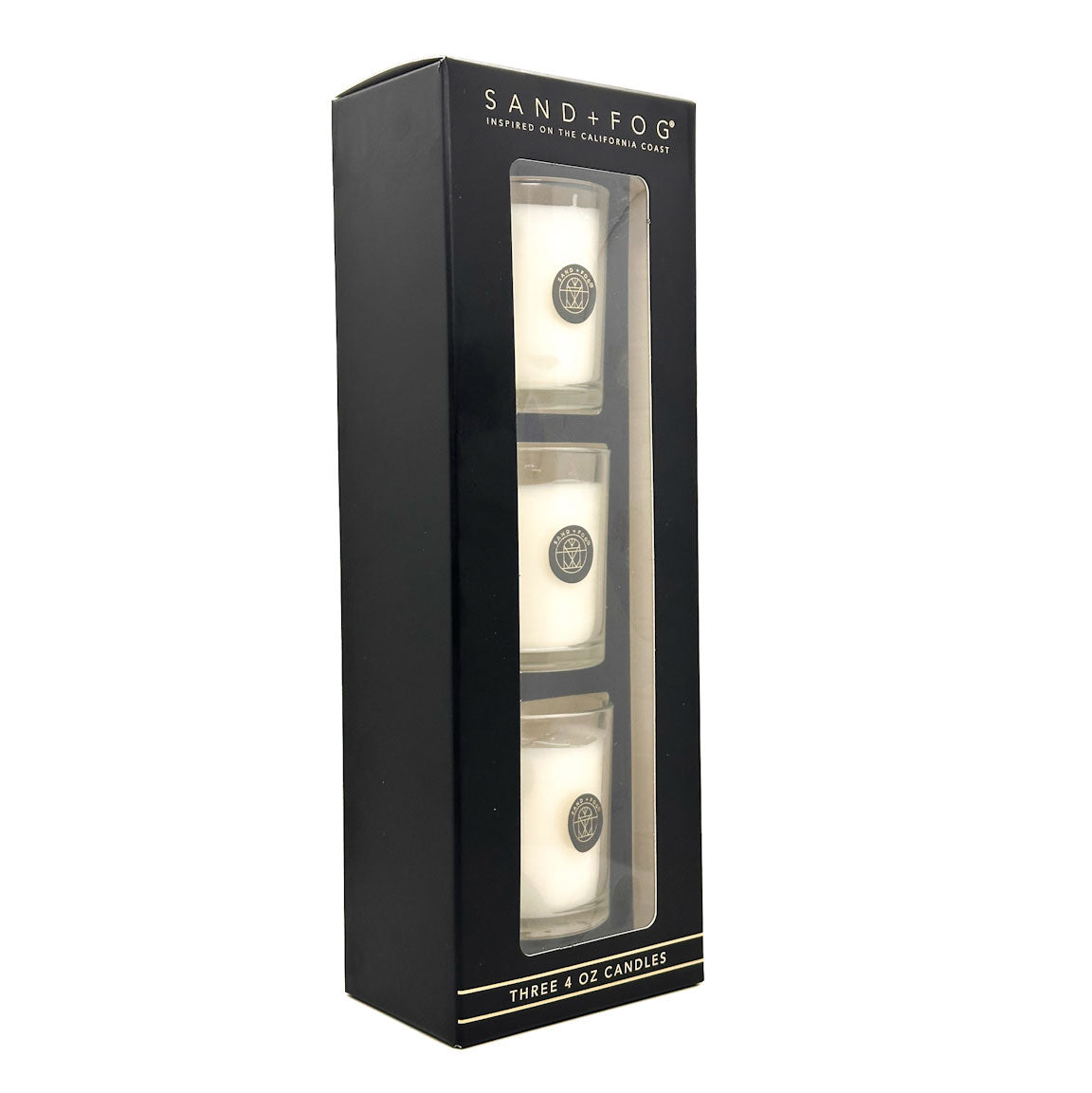 Black gift box packaging for Sand + Fog candles with clear window