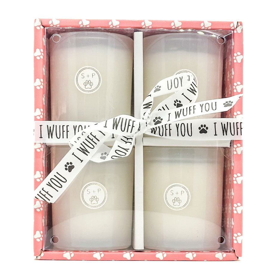 SAND + PAWS Gift Box of four candles in a decorative box with paw prints and 'I wuff you' text.