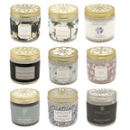 SAND+FOOD Odour Neutralising Gel Beads jars arranged in a 3x3 grid on a white background, each with a gold lid and different label scents and designs.
