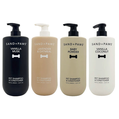 Sand + Paws pet shampoo and conditioner collection a white background