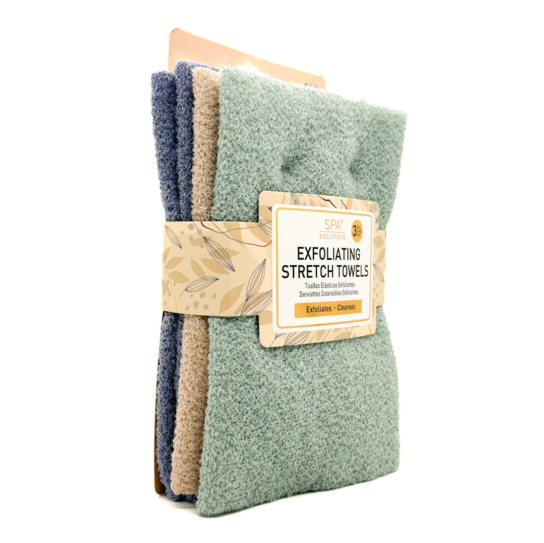 SPA SOLUTIONS Pack of exfoliating stretch towels in green, blue, and beige on a white background.