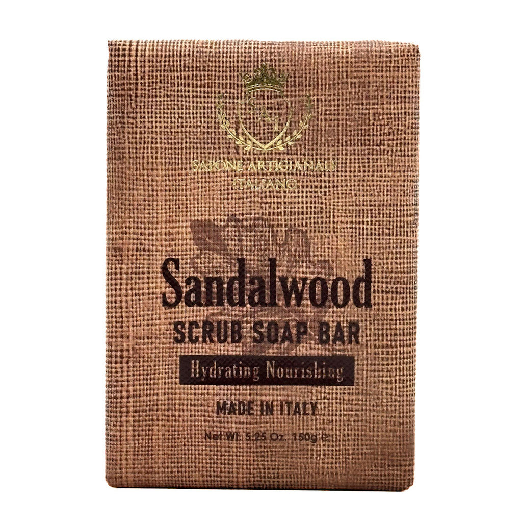 Sapone Artigianale Italiano - Sandalwood Scrub Soap packaging with brand logo on a white background