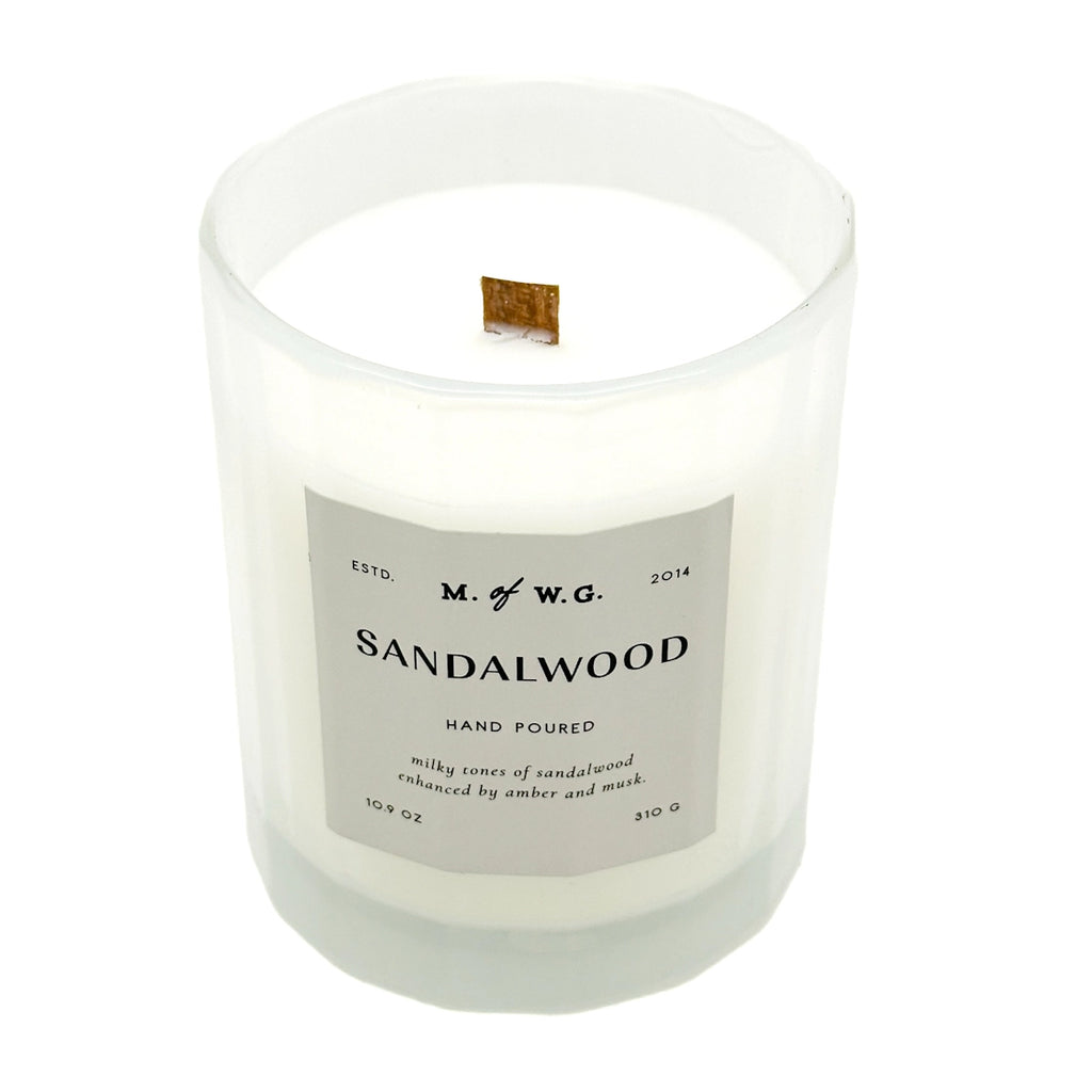 Sandalwood candle by Makers of Wax Goods with a label on a white background