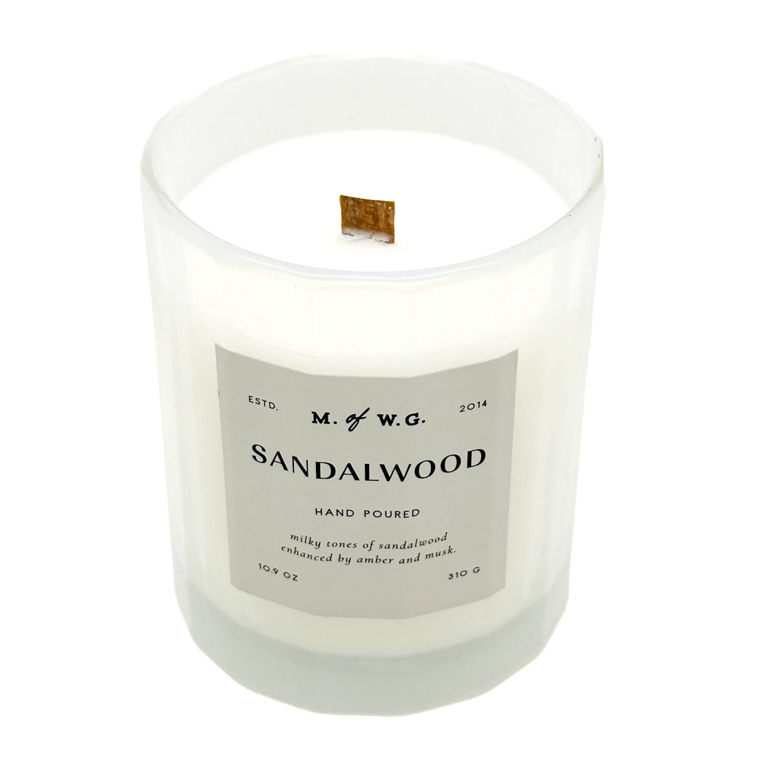 Sandalwood candle by Makers of Wax Goods with a label on a white background
