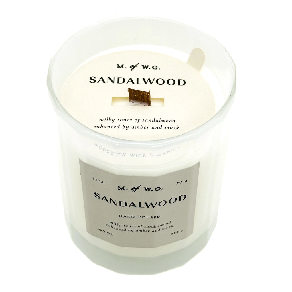 MWG Sandalwood candle with label on a white background