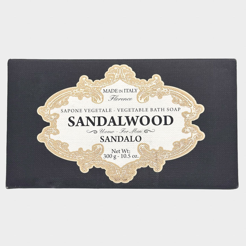 Saponerie Mario Fissi bar of sandalwood soap with decorative label on a white background