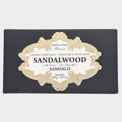 Saponerie Mario Fissi bar of sandalwood soap with decorative label on a white background