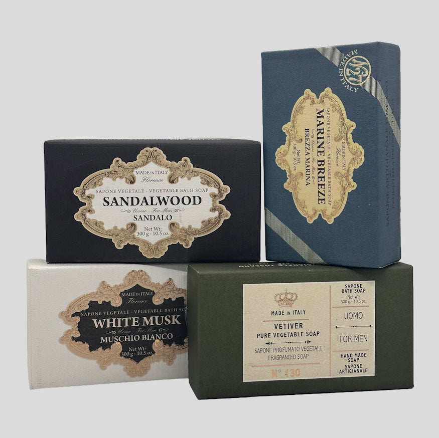Saponerie Mario Fissi Men's Bath Soap Collection with decorative packaging on a light grey background