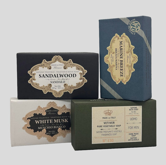 Saponerie Mario Fissi Men's Bath Soap Collection with decorative packaging on a light grey background