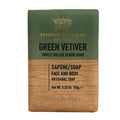 Saponificio Varesino 150g Green Vetiver triple milled scrub soap with a green and brown design on a white background